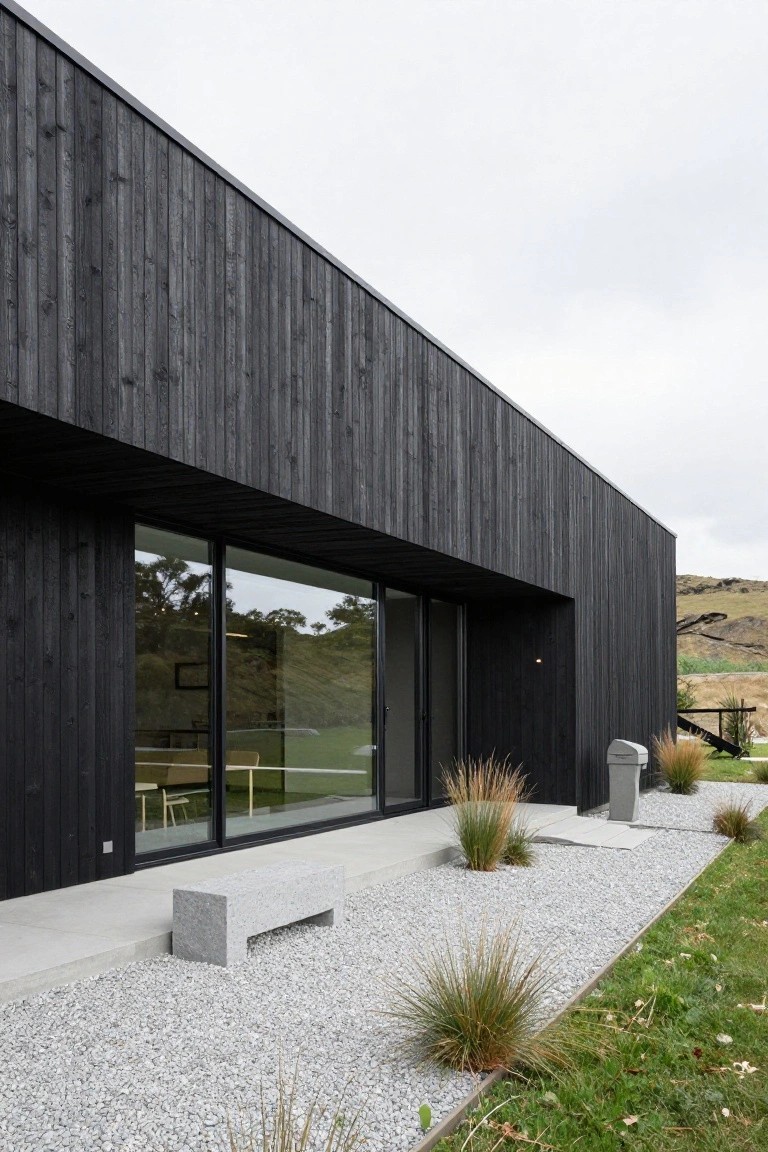 Side view of a modern rectangular house clad in black vertical wood planks, featuring large black-framed sliding glass doors, a concrete bench on a gravel patio edged with grasses, and grassy hillside in the background.