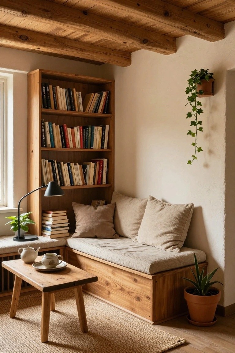 Cozy interior corner with tall wooden bookshelves filled with books, built-in beige cushioned bench seat under a window, small wooden table holding a teapot and cup, potted plants, hanging ivy planter, and exposed wooden ceiling beams.