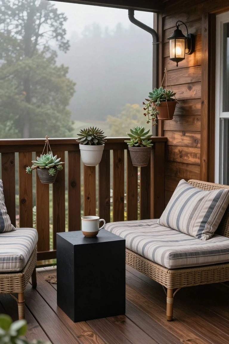 Wooden balcony deck with two beige striped cushioned rattan loungers around a black cube side table holding a white ceramic mug, multiple hanging and potted succulents on railings, wall lantern light, and misty forest view.