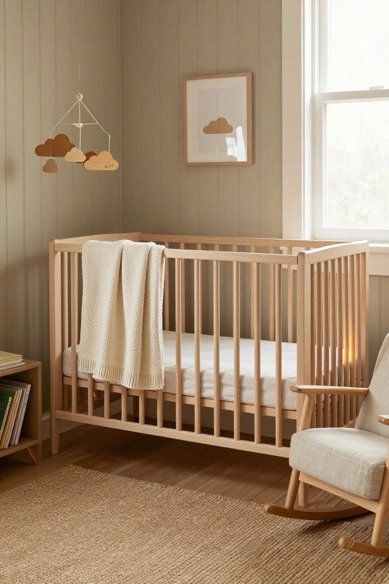 Nursery room with light sage green paneled walls, wooden crib draped with cream blanket, wooden cloud mobile overhead, cream rocking chair, and wooden bookshelves on hardwood floor.