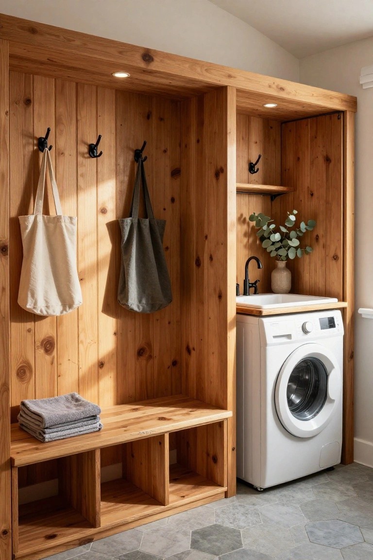 Wood-paneled mudroom interior with black hooks holding beige and gray tote bags, black faucet utility sink, white front-loading washer, built-in wooden bench with folded gray towels, and hexagonal gray tile floor.