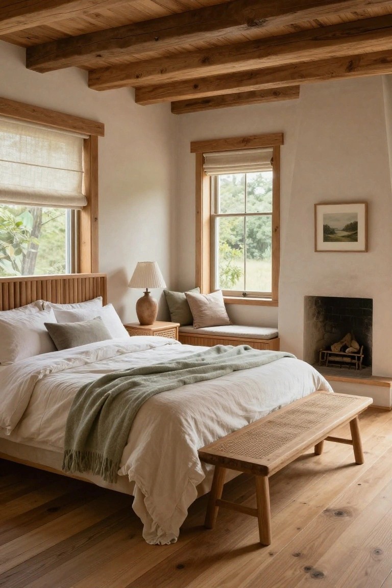Bedroom interior with exposed wooden ceiling beams, wooden slatted headboard bed dressed in white linens and green throw, linen-shade windows overlooking trees, small fireplace, bench at foot of bed, and oak wood floors.