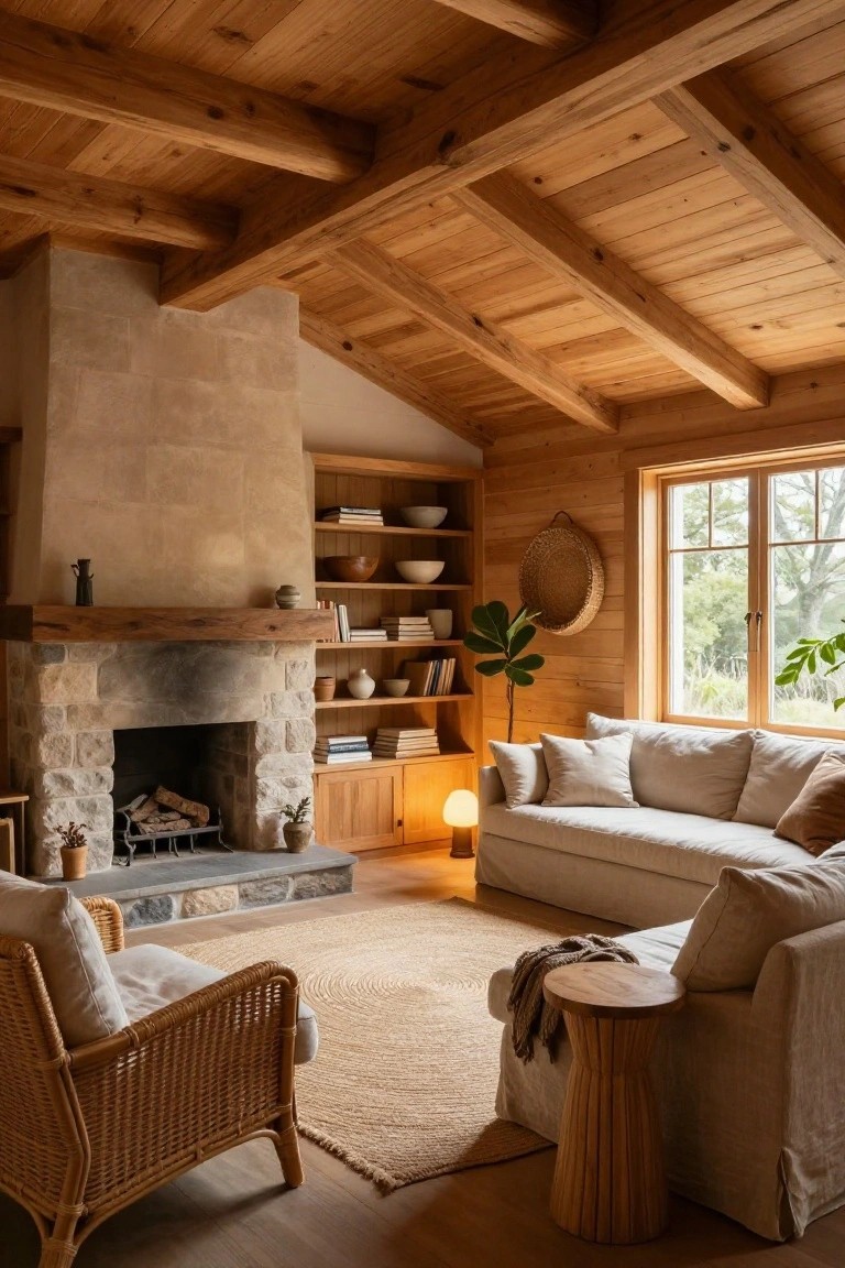 Cozy living room interior with vaulted wooden ceiling featuring exposed timber beams, large stone fireplace, cream-colored sofa, rattan armchairs, woven rug, and potted plants near a window.
