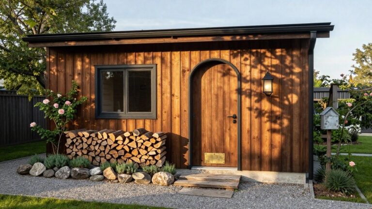 Exterior of a modern wooden cottage showing horizontal cedar siding, black-framed wooden door, adjacent black-framed firewood stack, wall lantern, climbing pink roses on a metal post, gravel and wood path, and garden plantings.