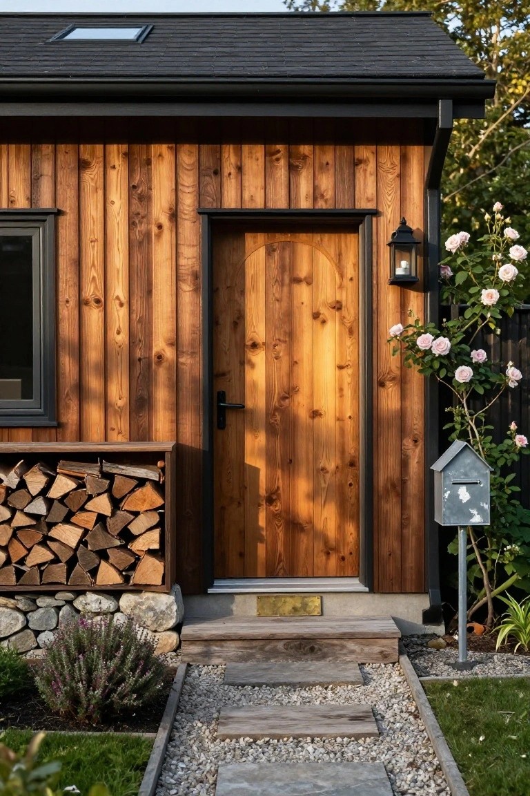 Exterior of a modern wooden cottage showing horizontal cedar siding, black-framed wooden door, adjacent black-framed firewood stack, wall lantern, climbing pink roses on a metal post, gravel and wood path, and garden plantings.