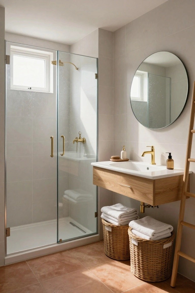 Modern bathroom with glass shower enclosure, floating oak wood vanity and white sink, gold faucet and showerhead, round black mirror, wooden ladder shelf holding wicker baskets with towels, on light gray tiled walls and terracotta floor.