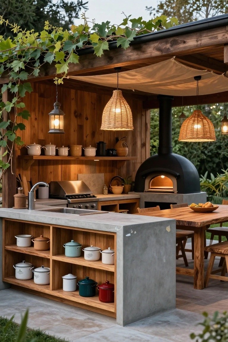 Outdoor kitchen under vine-covered wooden pergola with wood-fired pizza oven, concrete L-shaped counter, stainless steel grill and sink, open wood shelves holding colorful pots, and adjacent wooden dining table on tiled patio surrounded by greenery