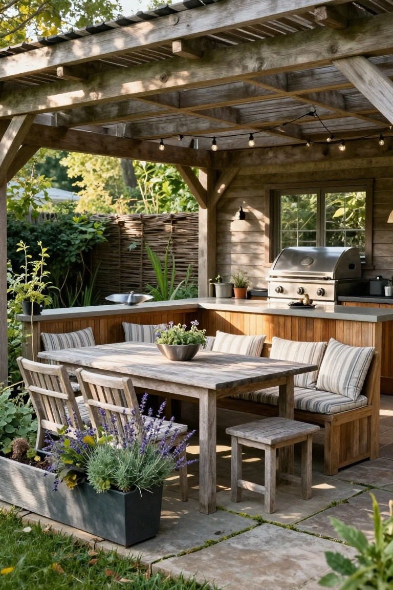 Rustic wooden pergola covers an outdoor kitchen with stainless steel grill on wooden counter, adjacent dining table with striped cushions and benches, potted plants, and surrounding greenery on a stone patio.