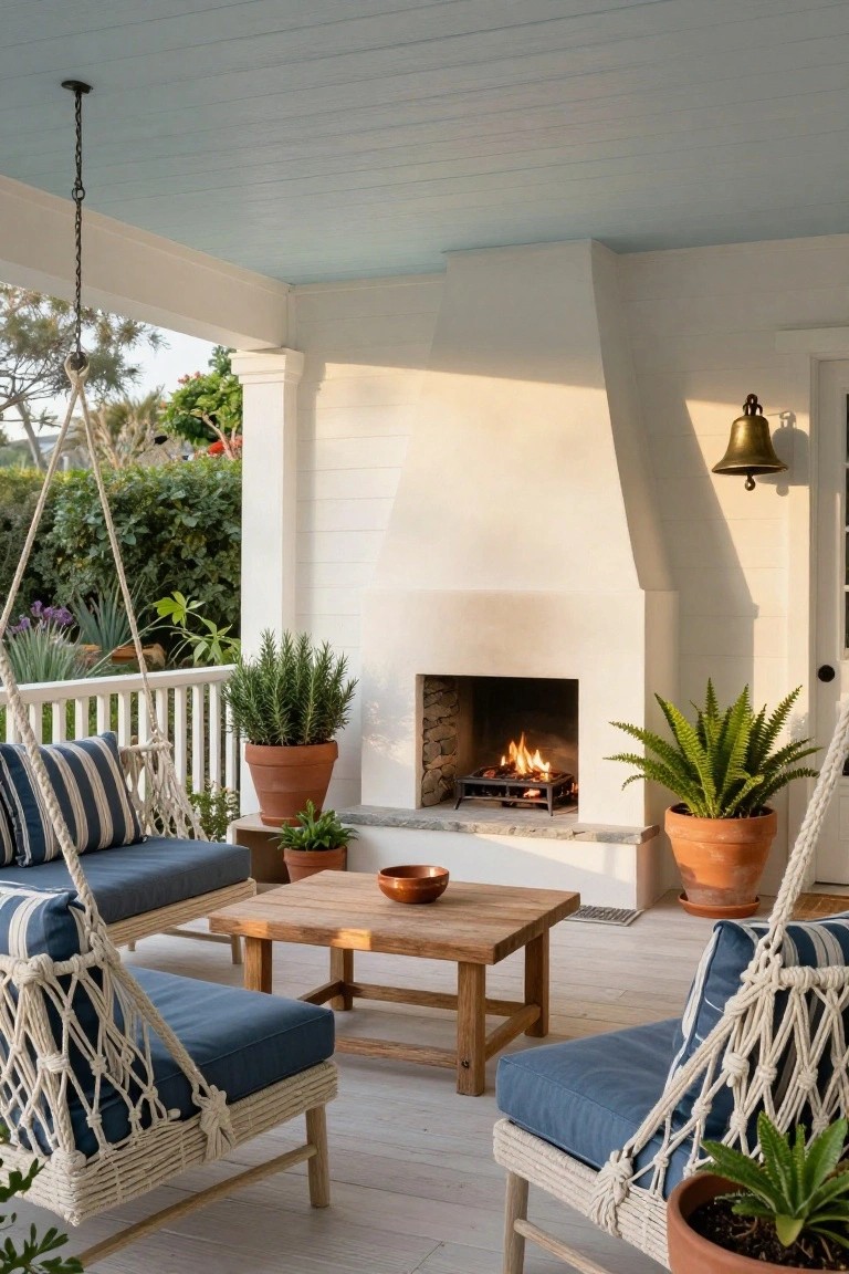 Covered porch with white walls and blue ceiling, outdoor fireplace with burning logs, two hanging blue rope chairs, wooden coffee table, potted plants, and railing overlooking greenery.
