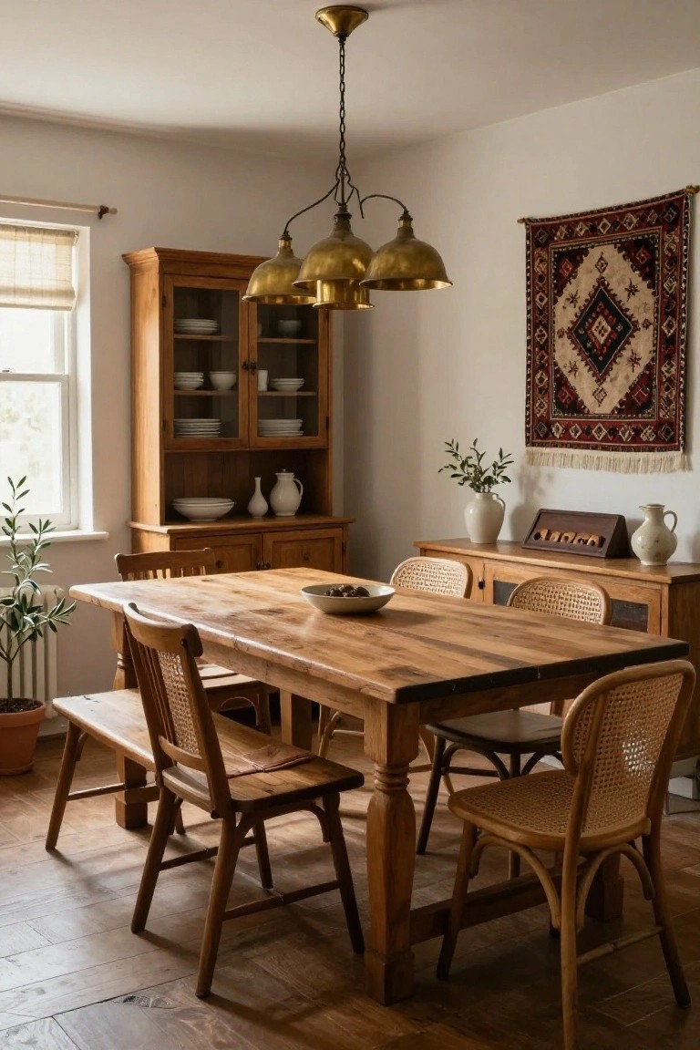 A dining area with a large rectangular wooden table, rattan chairs, a wooden bench, wooden cabinets, brass pendant light, plants, and a wall-hanging rug in a light room with wooden floors.