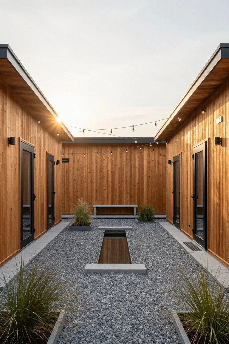 Rectangular gravel courtyard enclosed by tall cedar wood walls with black-framed glass doors on each side, central black reflective pool on concrete plinth, potted ornamental grasses, wooden bench, and overhead string lights.