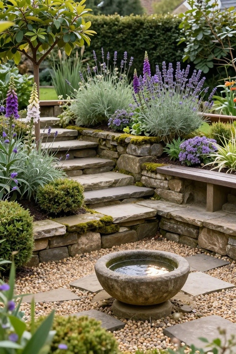 Terraced moss-covered stone steps and retaining walls in a garden planted with lavender, foxgloves, and other perennials, including a wooden bench and a stone basin fountain on gravel paving.