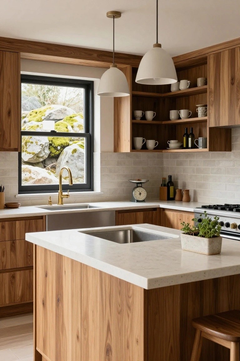 Modern kitchen interior featuring wooden cabinets, white quartz countertops and island, gold faucet, farmhouse sink, and a black-framed window overlooking mossy rocks.