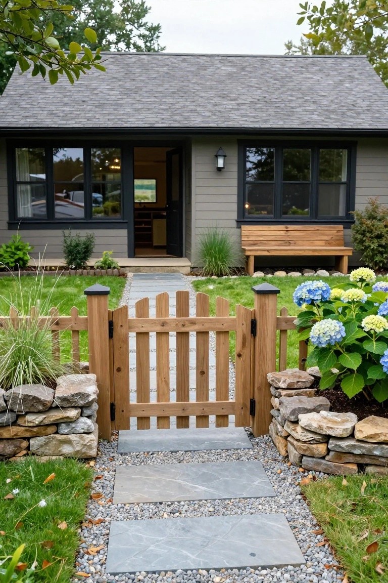 Gray shingle-sided cottage house with black window frames and open front door, approached by a wooden picket gate between stone walls with hydrangea bushes and a slate stone path through a grassy yard.