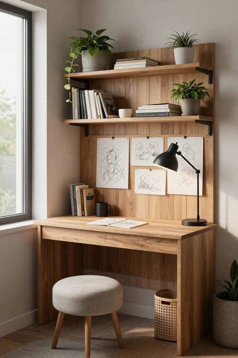 Corner wooden desk with matching overhead open shelves holding books, plants, mug, and a basket below, plus pinned drawings, desk lamp, and stool in a bright room with window.