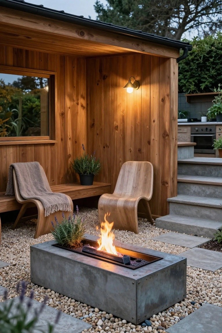 Wooden porch shelter with curved wooden chairs draped in throws around a rectangular concrete fire pit on gravel ground, plants nearby, steps to an outdoor kitchen, and evening lighting.