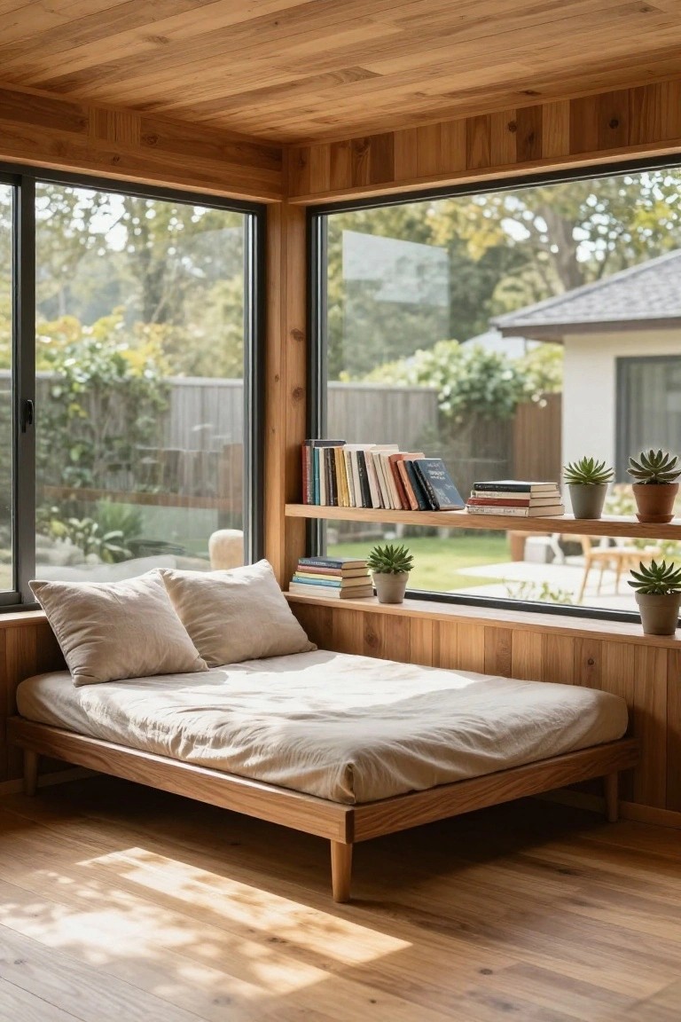 Minimalist wooden bedroom interior featuring a low platform bed in the corner, built-in shelves along large windows with books and potted plants, wooden walls and flooring, and views of an outdoor garden.