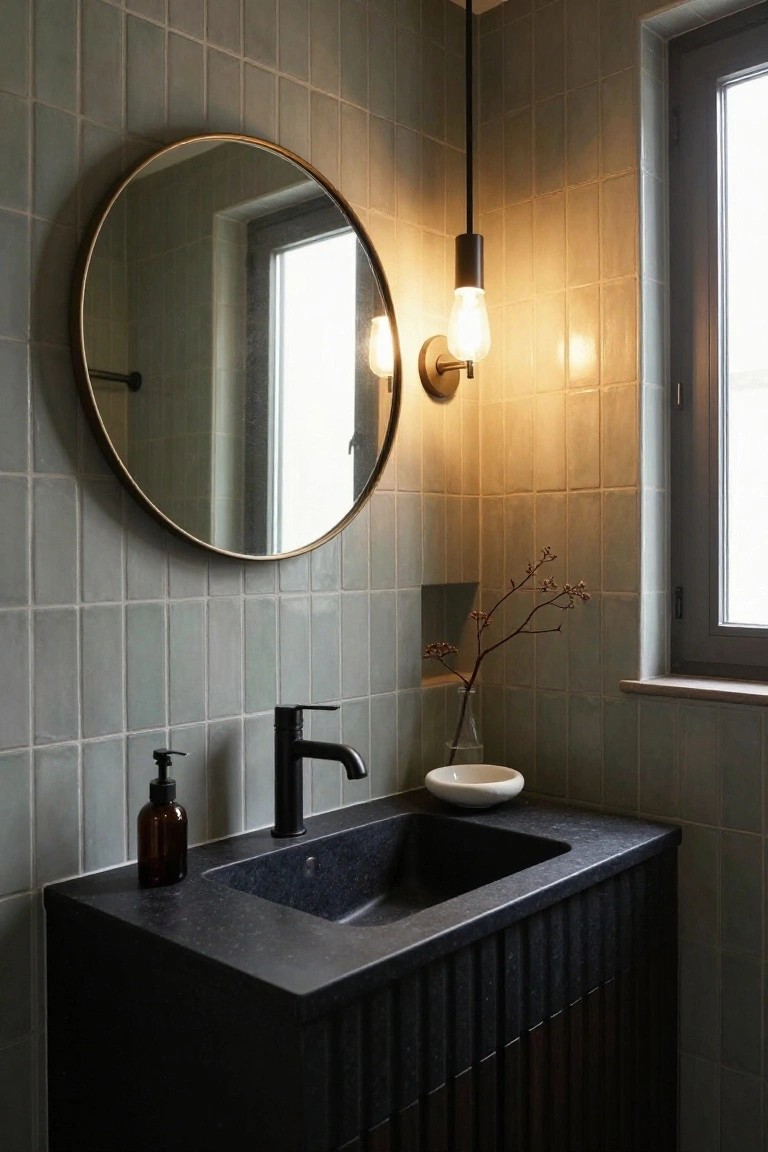 Minimalist bathroom with light green subway-style tiles on walls, black slatted wood-look vanity cabinet, integrated black stone sink, black faucet, amber soap dispenser, round gold-framed mirror, wall-mounted pendant light, and small branch in vase.