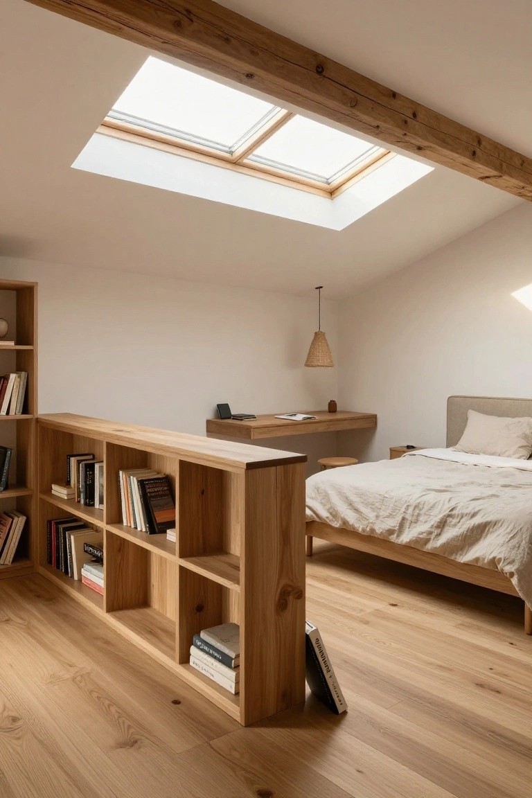 Attic bedroom interior with light wooden bookshelves forming a low partition between a desk area and a low bed, skylights in the ceiling, wooden floors, and white walls.