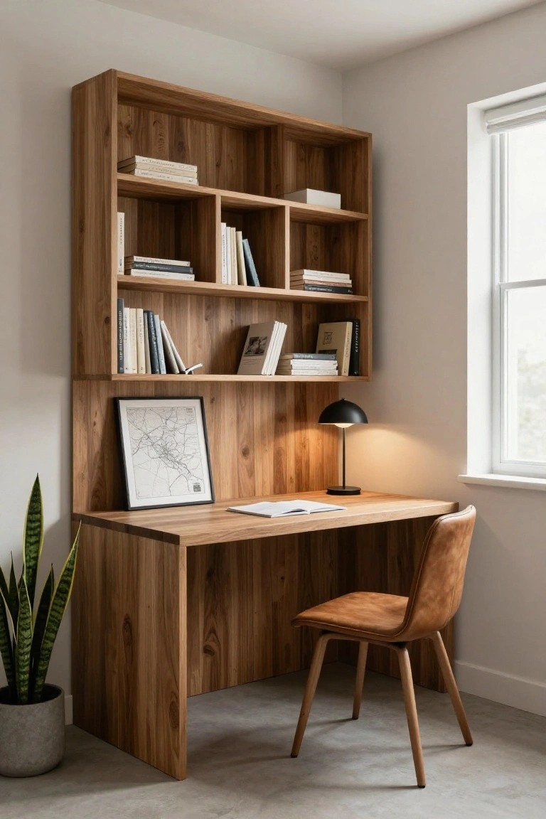 Corner view of a wooden shelving unit with integrated desk surface holding books, papers, and a lamp, plus a leather chair, potted snake plant, framed map, and window in a light gray room.