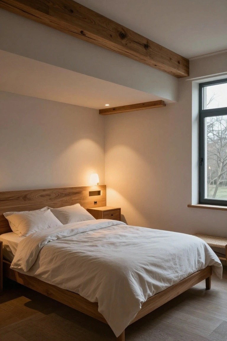 Minimalist bedroom with exposed wooden ceiling beams, low wooden bed frame draped in white linens, bedside table and lamp, white walls, and large window with gray frame overlooking bare trees and yard.