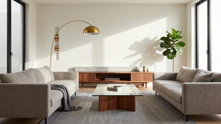 18 Elegant Minimalist Wood Architecture Ideas for a Clean Designer Vibe A minimalist living room featuring a light gray L-shaped sofa with wooden legs, a wooden-based glass coffee table, wooden shelving unit, large potted fiddle leaf fig plant, and arched gold floor lamp next to a large black-framed window overlooking trees.