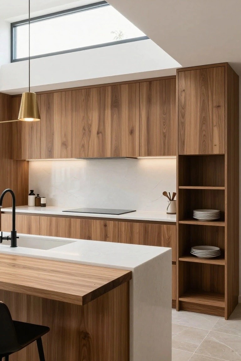 Modern kitchen interior with full-height handleless wood cabinets, white quartz countertops and backsplash, black faucet and stools, gold pendant light, and open shelves displaying white plates on light tile floor.