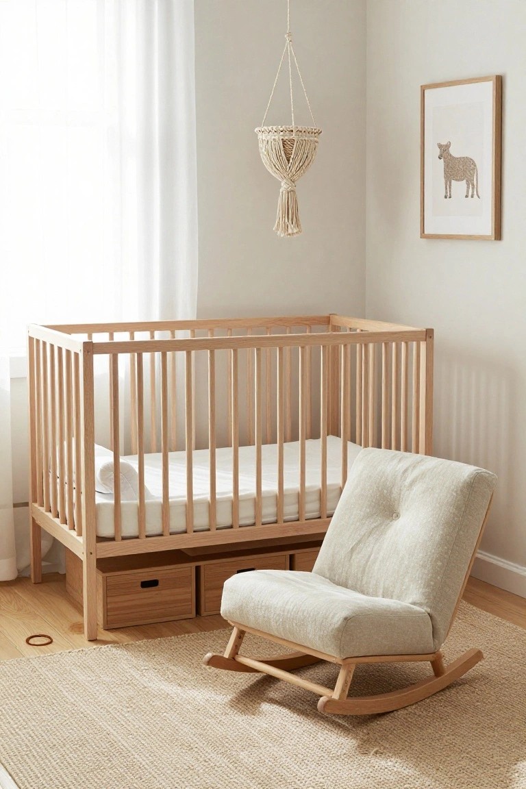 A minimalist nursery corner with a light wood crib on legs featuring under-bed drawers, a matching wooden rocking chair, a beige tufted armchair, macrame hanging light, framed animal artwork on pale walls, sheer window curtains, and a neutral seagrass rug.