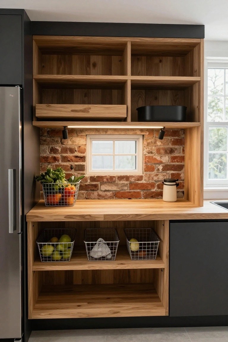 Kitchen with oak wood open shelving above and below a butcher block countertop, wire baskets holding vegetables and fruits, stainless steel refrigerator on the left, exposed brick backsplash with small window and black pendant light.