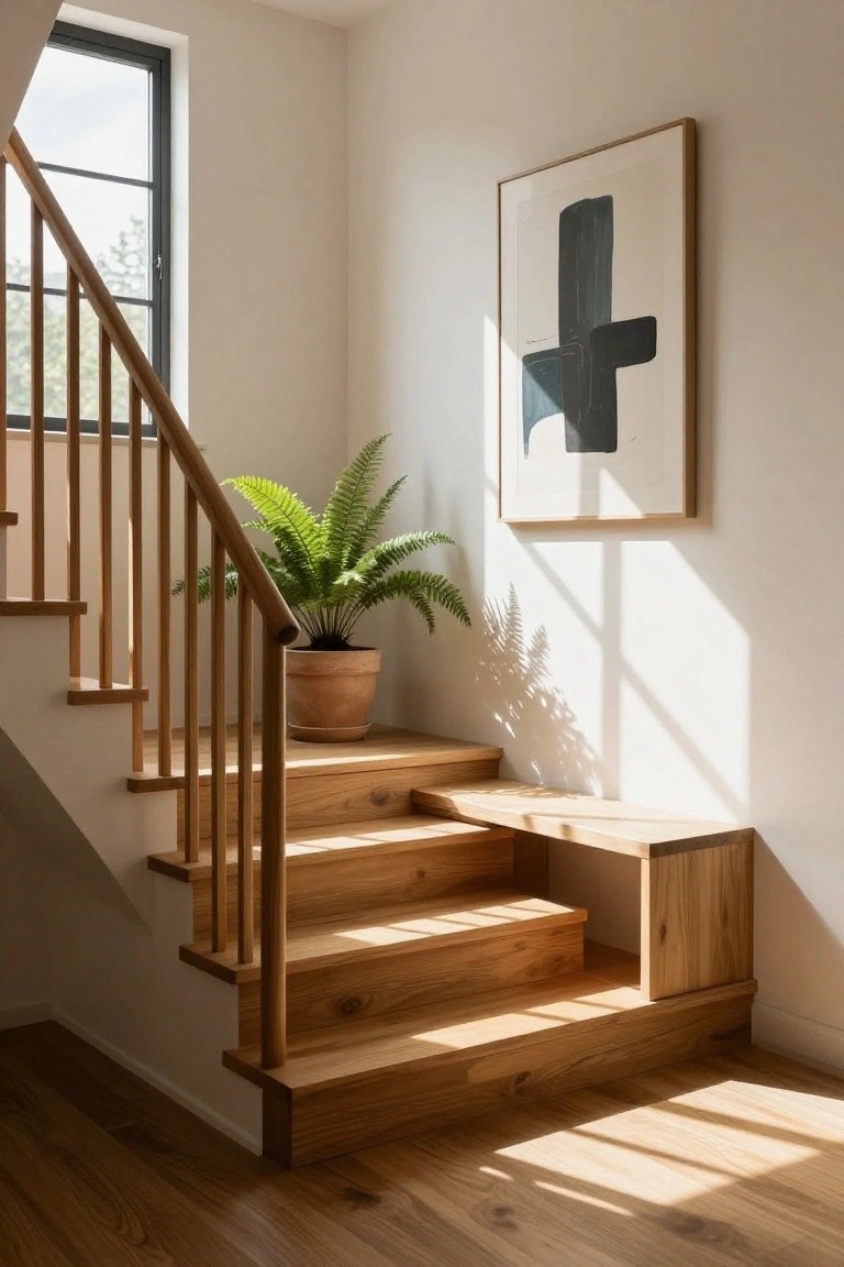Wooden staircase with oak steps and railing, integrated bench on landing, terracotta pot with fern plant on first step, framed abstract black and white artwork on white wall, black-framed window letting in sunlight, light oak wood floors.