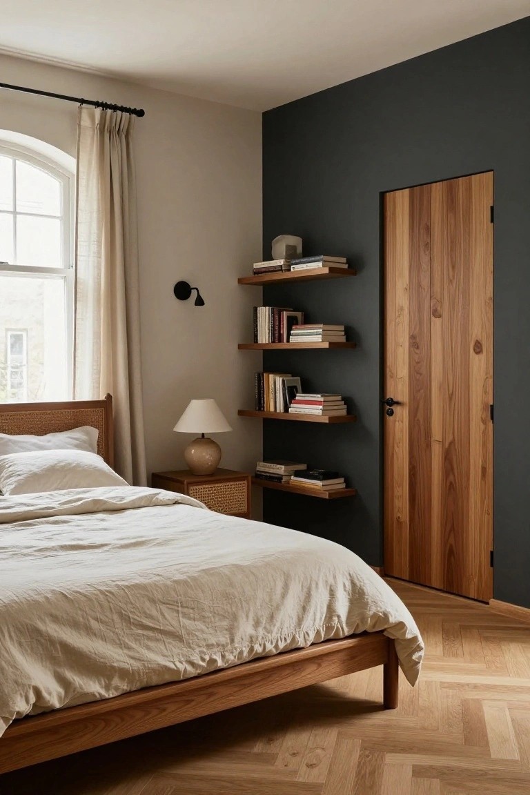 Minimalist bedroom with low wooden bed frame and white linens, rattan bedside table with ceramic lamp, tall vertical wooden shelves stocked with books on dark wall next to flush wooden door, arched window with sheer curtains, and herringbone oak floor.