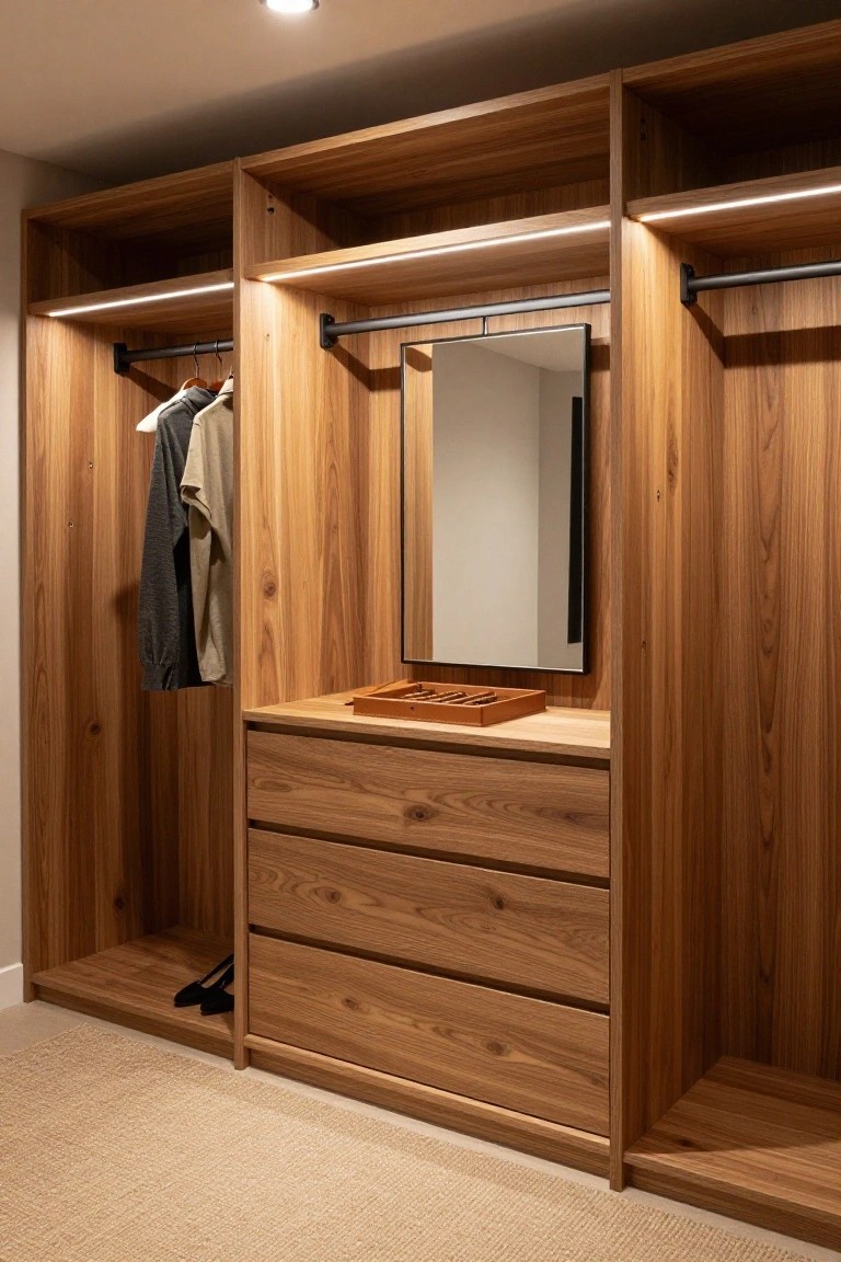 Light wood walk-in closet with black hanging rods, gray and white clothes hanging on one side, three lower drawers, integrated full-length mirror, brown tray with items on top, black high heels on floor, LED strip lights above, and beige carpet.