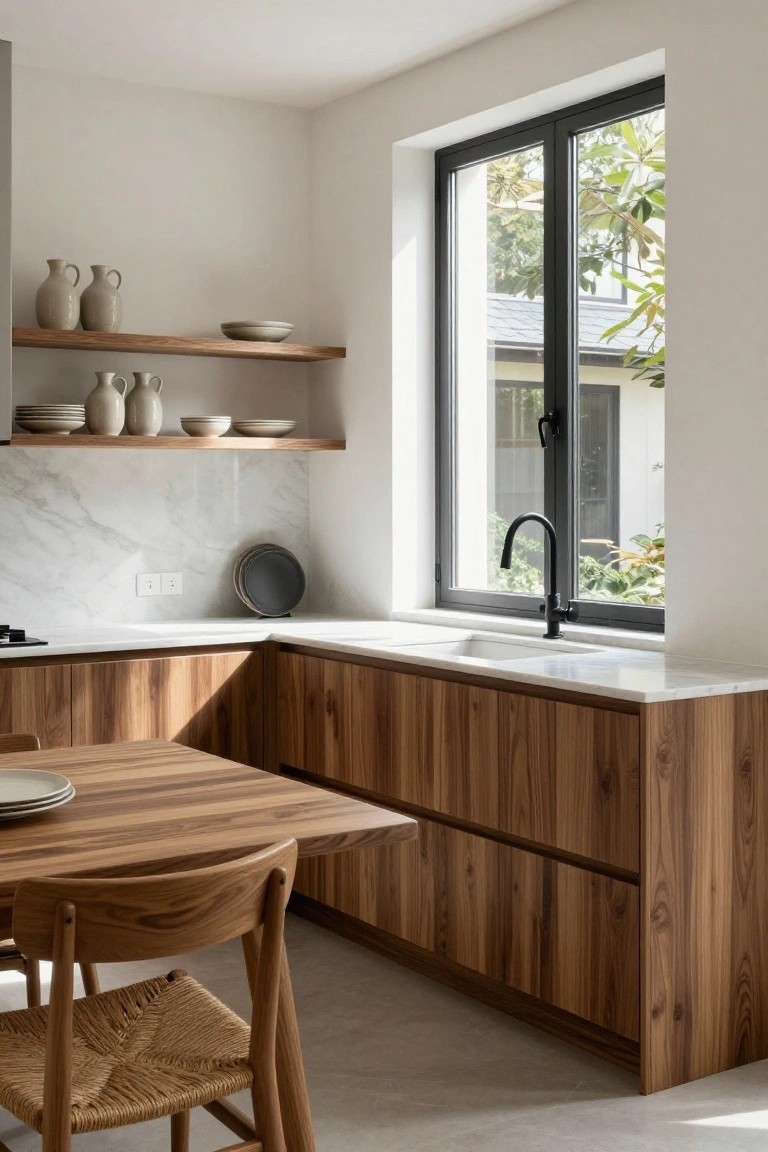 Minimalist L-shaped kitchen corner featuring warm-toned wood cabinets and drawers, white marble countertop and backsplash, black gooseneck faucet, open wooden shelves with ceramics, wooden dining table and rattan chair, and large black-framed window with garden view.