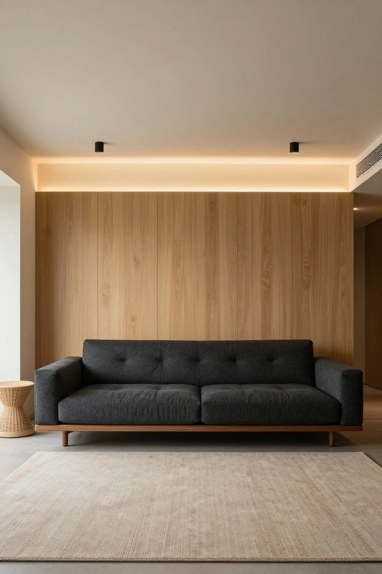 Modern living room featuring a dark gray sofa centered on a beige rug in front of a light wood slat wall, with recessed ceiling lights and a woven side table nearby.