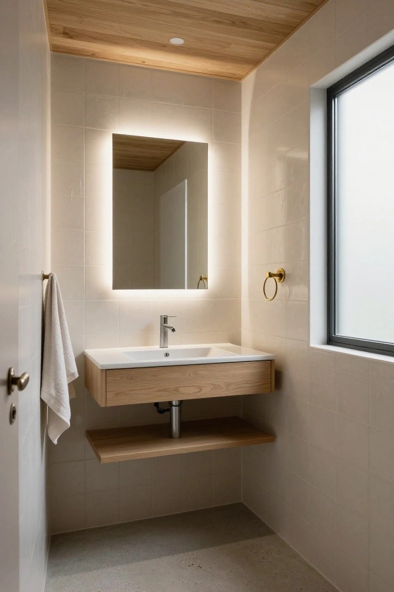 Minimalist bathroom with light oak wood plank ceiling, floating oak vanity and shelf under white sink, backlit rectangular mirror, gold towel bar and ring on white tiled walls, brass door handle with towel, and frosted window.