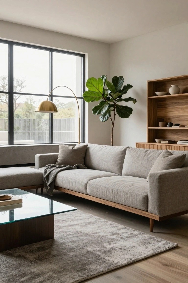 A minimalist living room featuring a light gray L-shaped sofa with wooden legs, a wooden-based glass coffee table, wooden shelving unit, large potted fiddle leaf fig plant, and arched gold floor lamp next to a large black-framed window overlooking trees.