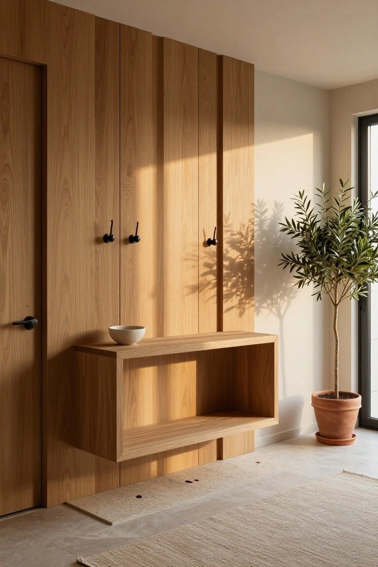 Vertical oak wood paneling on an entryway wall with a wooden door, black coat hooks, a floating wooden shelf holding a white bowl, an olive tree in a terracotta pot, a light rug on a concrete floor, and a window nearby.