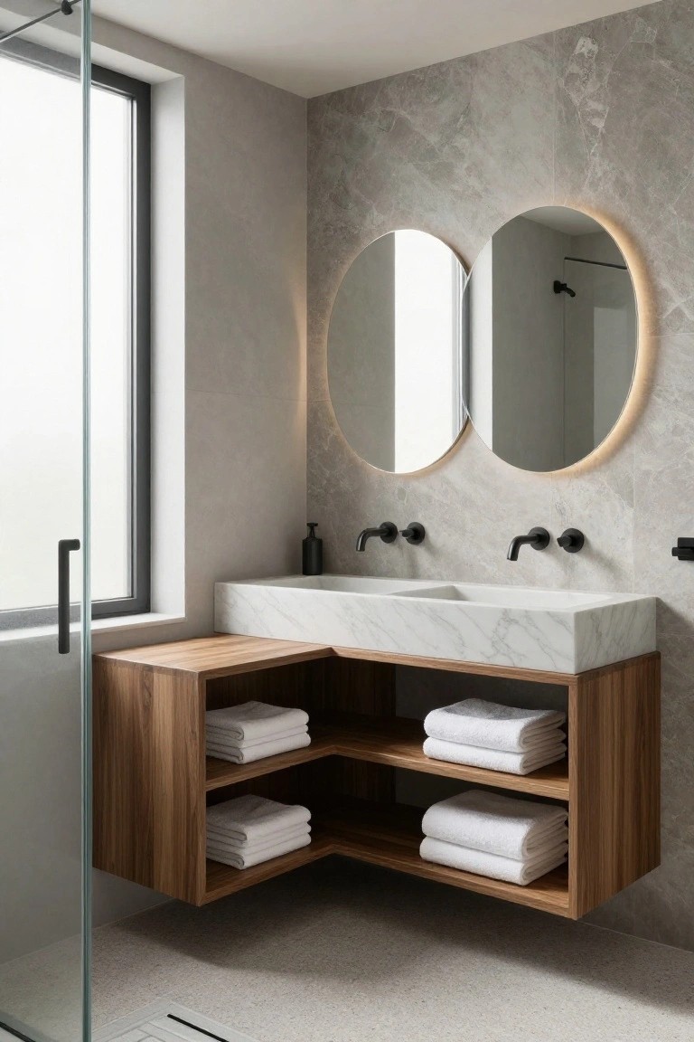 Modern minimalist bathroom with gray stone walls and floor, floating L-shaped wooden vanity with open shelves holding white towels, white marble countertop and dual sinks, two oval backlit mirrors, black faucets, and glass shower enclosure.