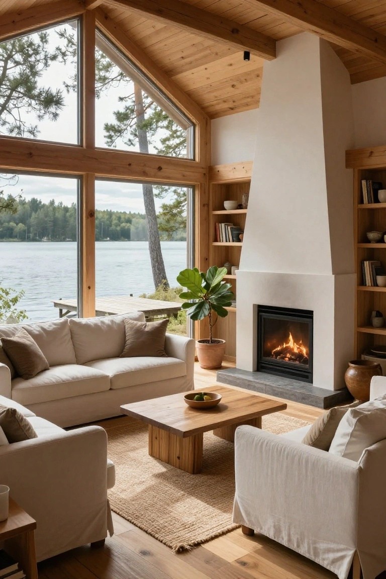 Wooden-beamed living room with white sofas, wooden coffee table, potted plants, bookshelves, white fireplace, and large triangular windows overlooking a lake, dock, and trees.