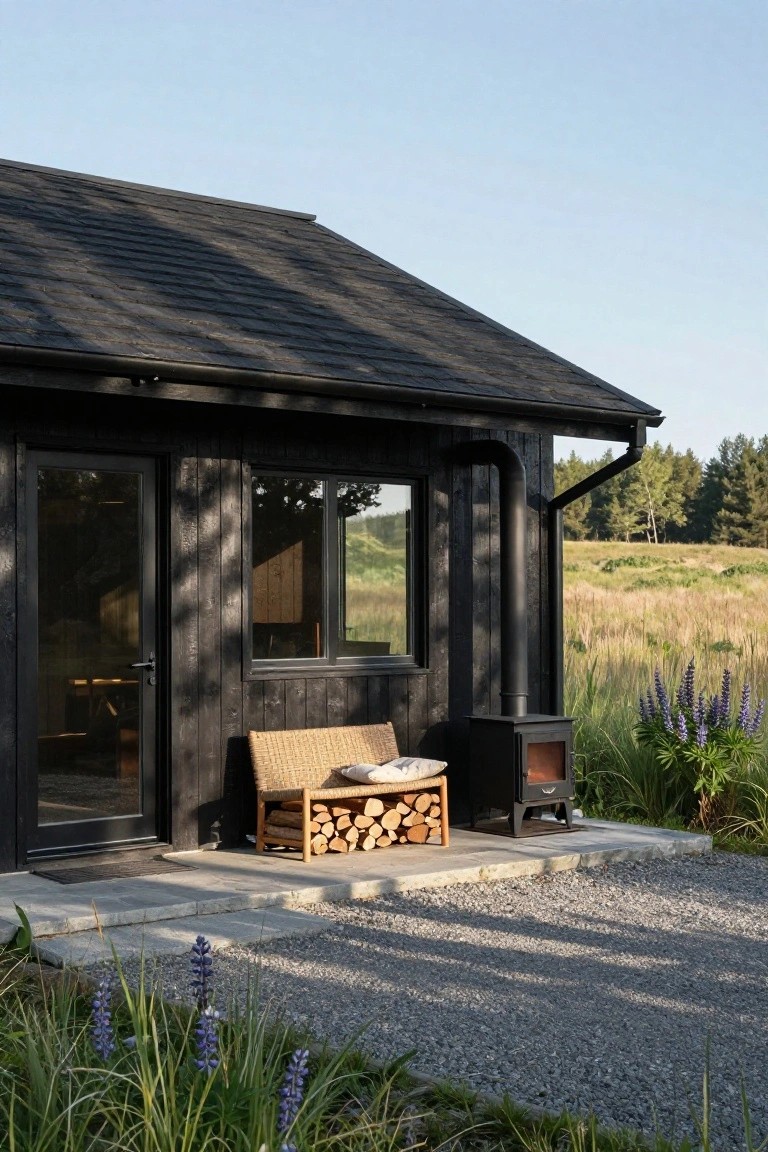 Small black charred-wood cabin with sloped roof, glass entry door and window, rattan bench holding firewood next to a black wood stove on a stone patio, surrounded by gravel, wild grasses, and distant trees.