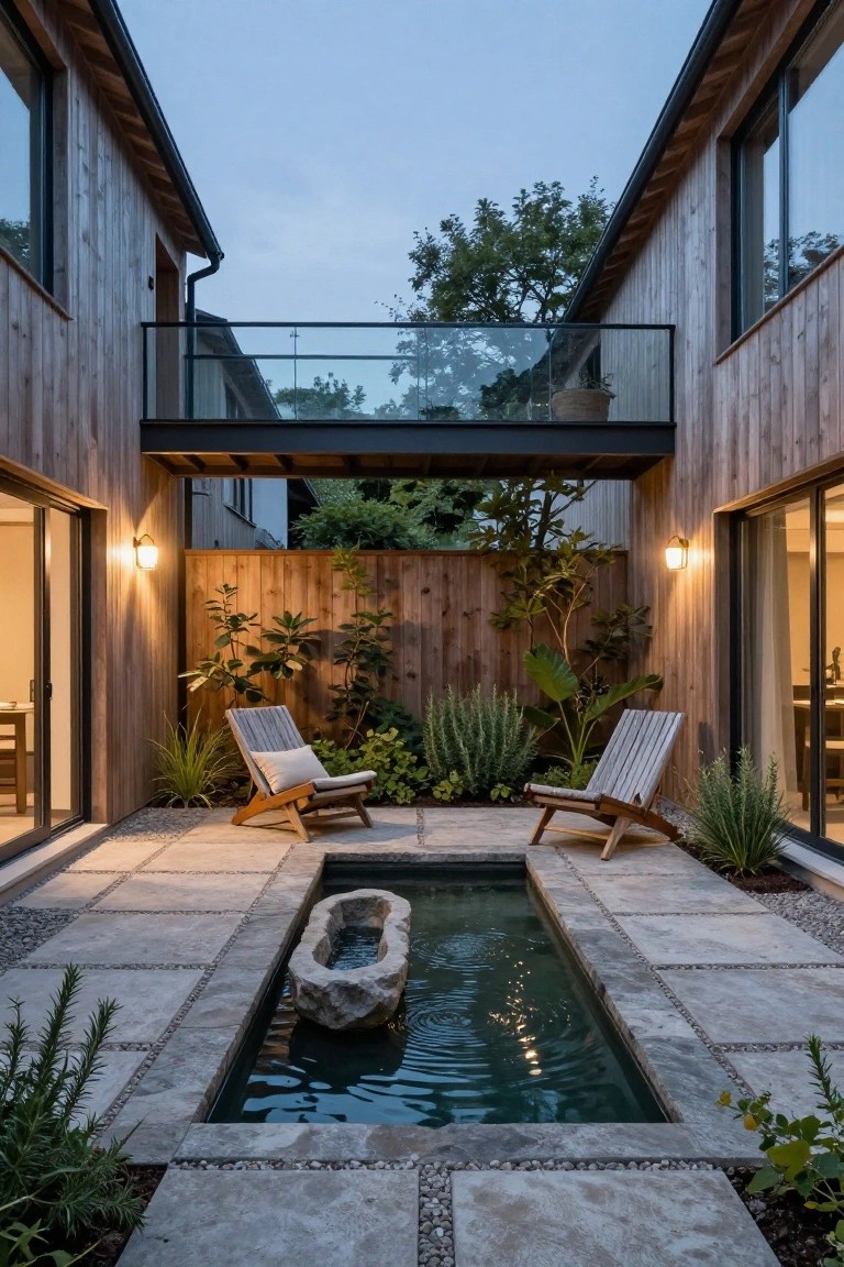 Narrow rectangular pool with natural stone basin in center of paved courtyard between two wooden house walls with sliding glass doors, lounge chairs, plants, lanterns, and upper glass balcony.