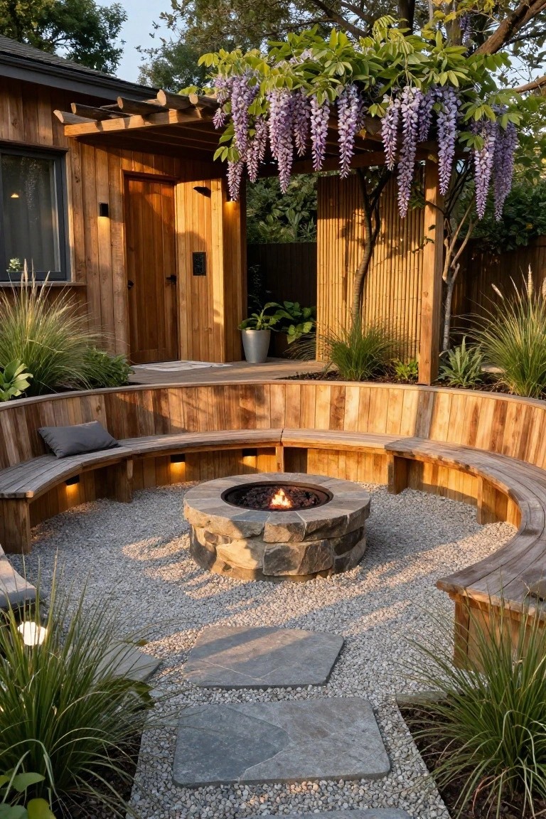 Curved wooden bench seats surround a lit stone fire pit in a gravel area beside a wooden house structure with wisteria vines hanging from a pergola and ornamental grasses nearby.
