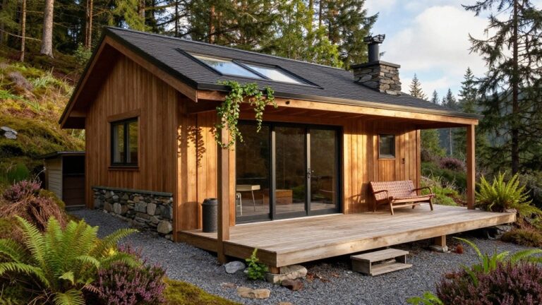 Small gabled wooden cabin with vertical cedar siding, black-framed sliding glass doors, stone chimney, covered porch with hanging vines and wooden chair, elevated deck, gravel path, ferns, mossy rocks, and surrounding evergreen trees.