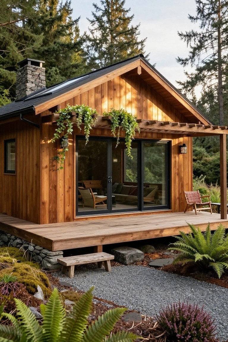 Small gabled wooden cabin with vertical cedar siding, black-framed sliding glass doors, stone chimney, covered porch with hanging vines and wooden chair, elevated deck, gravel path, ferns, mossy rocks, and surrounding evergreen trees.