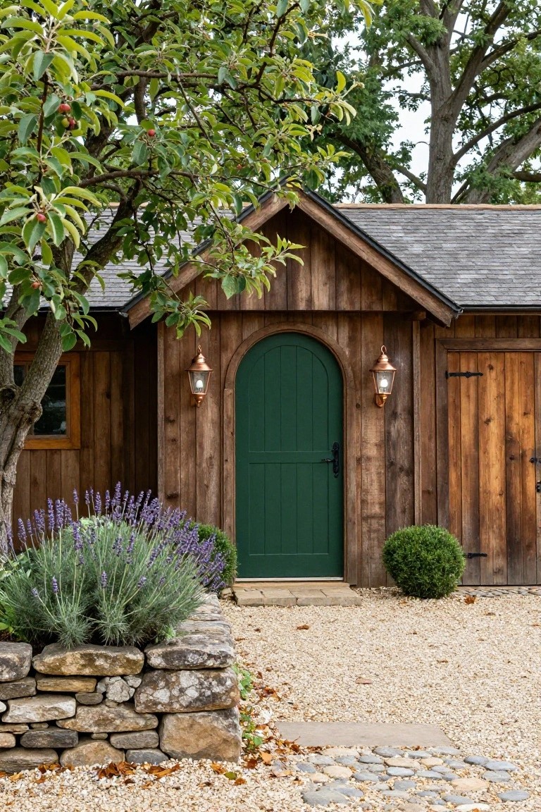 Wooden garden outbuilding with dark green arched door centered between two copper lanterns, flanked by lavender plants in stone wall bed, gravel path, and overhanging fruit tree.
