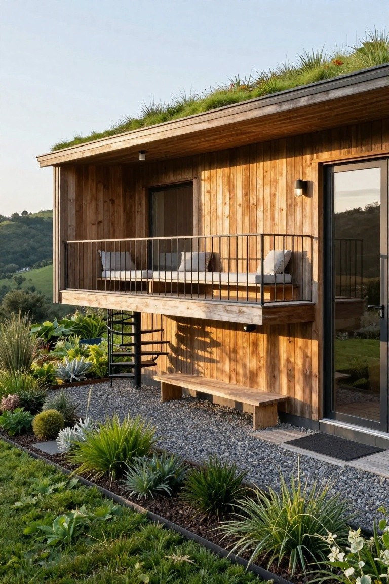 Side view of a wooden house with green sedum roof, cantilevered balcony featuring built-in benches and black metal railings, glass entry door, spiral metal staircase, and gravel garden bed planted with grasses and succulents beside a lawn on a hillside.