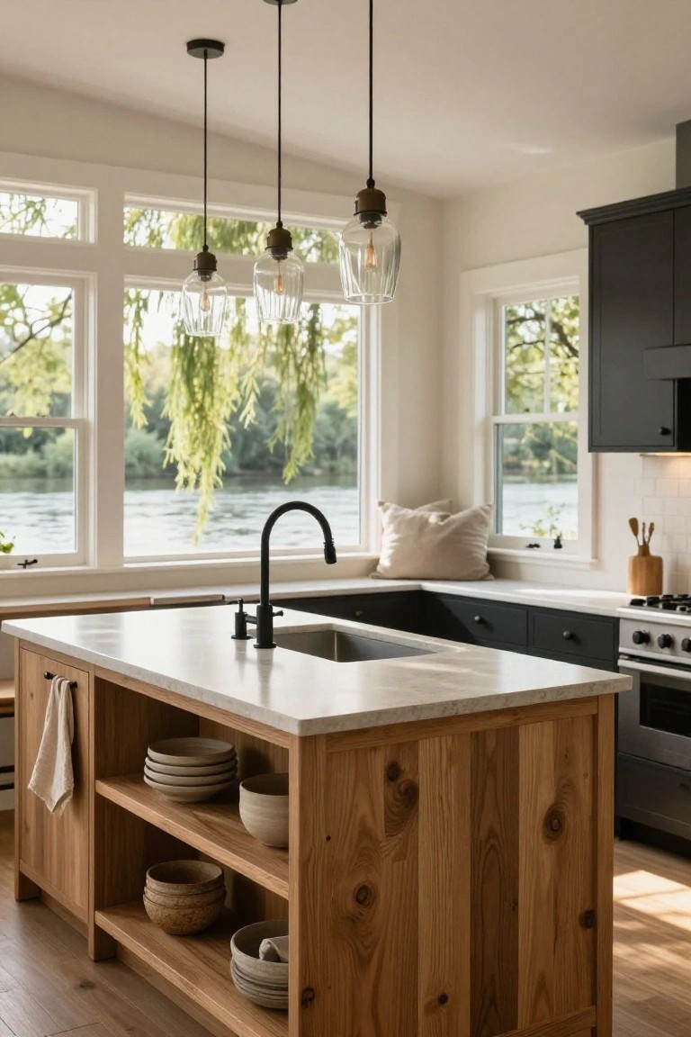 Kitchen interior with a large wooden island featuring open lower shelving holding stacked ceramic bowls and plates, white quartz countertop and sink with black faucet, black cabinets, three pendant lights overhead, and large windows overlooking a river lined with trees.
