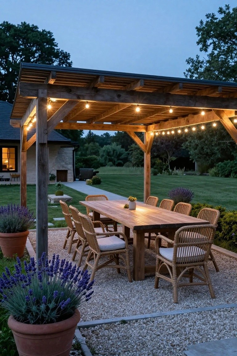 Wooden pergola with string lights over a long rectangular dining table and rattan chairs on a gravel patio, flanked by lavender plants and lawn near a stone house exterior at dusk.