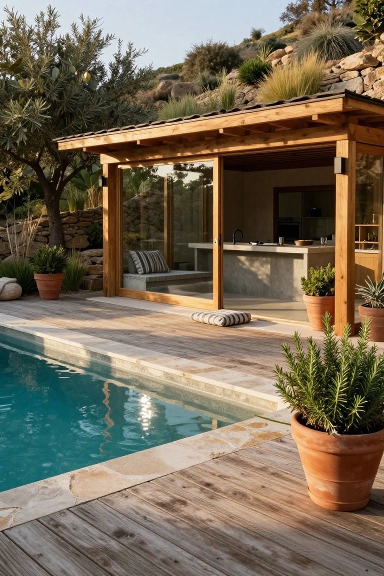 Wooden pavilion with glass walls, concrete kitchen counter, bench seating, and potted plants positioned beside a rectangular turquoise pool on a wooden deck amid rocky hillside landscaping.