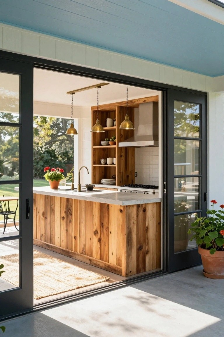 Kitchen interior featuring a large wooden plank island with white countertop, matching wood cabinets with open shelving, brass pendant lights, and black sliding glass doors open to an outdoor patio with potted plants and chairs.